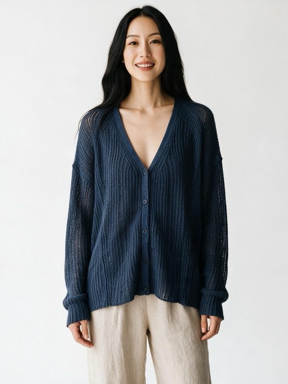NWT Eileen Fisher Blue Linen Rib Mix Open Knit Cardigan Size S